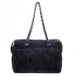 Pre Owned Chanel Navy Blue Quilted Denim CC Bowling Bag