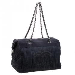 Pre Owned Chanel Navy Blue Quilted Denim CC Bowling Bag