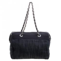Pre Owned Chanel Navy Blue Quilted Denim CC Bowling Bag