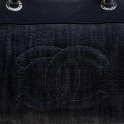 Pre Owned Chanel Navy Blue Quilted Denim CC Bowling Bag