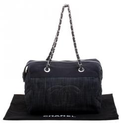 Pre Owned Chanel Navy Blue Quilted Denim CC Bowling Bag
