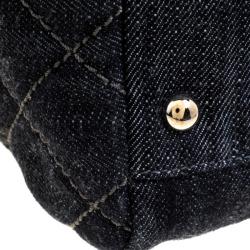 Pre Owned Chanel Navy Blue Quilted Denim CC Bowling Bag