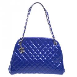 Pre Owned Chanel Blue Quilted Patent Leather Just Mademoiselle Bowling Bag