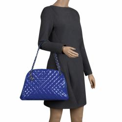 Pre Owned Chanel Blue Quilted Patent Leather Just Mademoiselle Bowling Bag