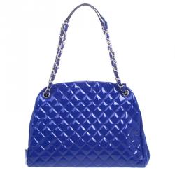Pre Owned Chanel Blue Quilted Patent Leather Just Mademoiselle Bowling Bag