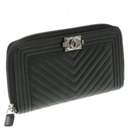 Chanel Black Chevron Leather Boy Zip Around Wallet