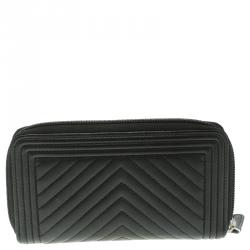 Chanel Black Chevron Leather Boy Zip Around Wallet