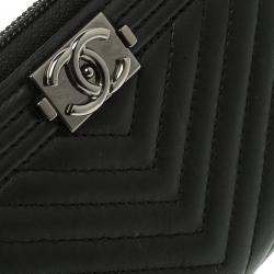 Chanel Black Chevron Leather Boy Zip Around Wallet