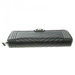 Chanel Black Chevron Leather Boy Zip Around Wallet