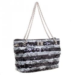 Pre Owned Chanel Black/Silver Stripe Sequins Reissue Shoulder Bag