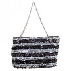 Pre Owned Chanel Black/Silver Stripe Sequins Reissue Shoulder Bag