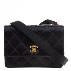 Pre Owned Chanel Black Quilted Satin Classic Flap Crossbody Bag