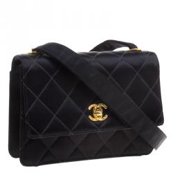 Pre Owned Chanel Black Quilted Satin Classic Flap Crossbody Bag