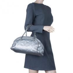 Pre Owned حقيبة شانيل لوكس لاين جلد فضي بسلاسل كبيرة باولر بوسطن دافل