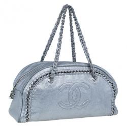 Pre Owned حقيبة شانيل لوكس لاين جلد فضي بسلاسل كبيرة باولر بوسطن دافل