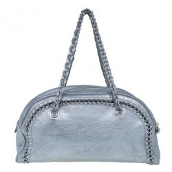 Pre Owned حقيبة شانيل لوكس لاين جلد فضي بسلاسل كبيرة باولر بوسطن دافل