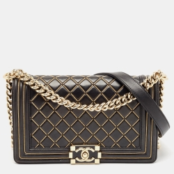 Pre Owned Chanel Black Quilted Leather Medium Chain Detail Boy Flap Bag