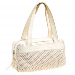 Pre Owned Chanel Cream Fabric and Leather Bowling Bag