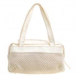 Pre Owned Chanel Cream Fabric and Leather Bowling Bag
