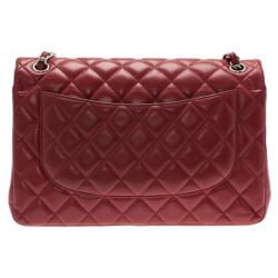 Pre Owned Chanel Dark Red Caviar Jumbo Double Flap Bag