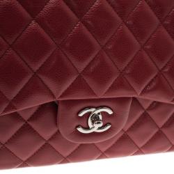 Pre Owned Chanel Dark Red Caviar Jumbo Double Flap Bag