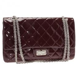 Pre Owned Chanel Burgundy Patent Leather 2.55 Reissue Double Flap Bag