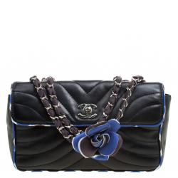 Pre Owned Chanel Black Chevron Silk Trim Leather Flap Bag