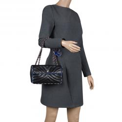 Pre Owned Chanel Black Chevron Silk Trim Leather Flap Bag