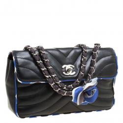 Pre Owned Chanel Black Chevron Silk Trim Leather Flap Bag