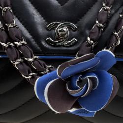 Pre Owned Chanel Black Chevron Silk Trim Leather Flap Bag