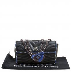 Pre Owned Chanel Black Chevron Silk Trim Leather Flap Bag
