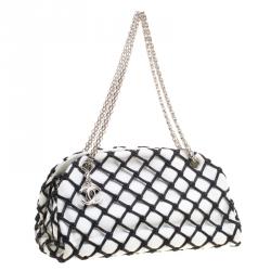 Pre Owned Chanel Black/White Canebiers Leather Medium Just Mademoiselle Bowling Bag