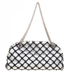 Pre Owned Chanel Black/White Canebiers Leather Medium Just Mademoiselle Bowling Bag