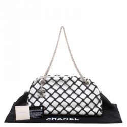 Pre Owned Chanel Black/White Canebiers Leather Medium Just Mademoiselle Bowling Bag