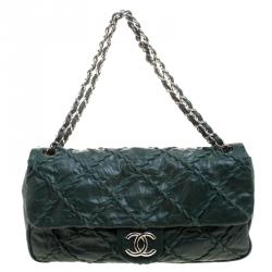 Pre Owned Chanel Green Crinkled Leather Ultra Stitch Classic Flap Bag