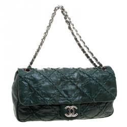 Pre Owned Chanel Green Crinkled Leather Ultra Stitch Classic Flap Bag