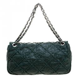 Pre Owned Chanel Green Crinkled Leather Ultra Stitch Classic Flap Bag