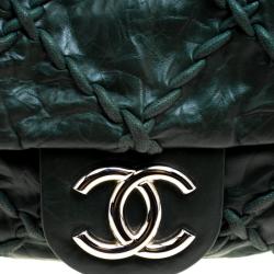 Pre Owned Chanel Green Crinkled Leather Ultra Stitch Classic Flap Bag