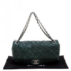 Pre Owned Chanel Green Crinkled Leather Ultra Stitch Classic Flap Bag