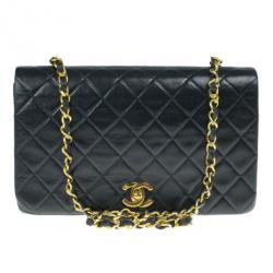 Pre Owned Chanel Black Lambskin Single Flap Shoulder Bag