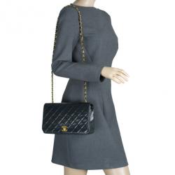 Pre Owned Chanel Black Lambskin Single Flap Shoulder Bag