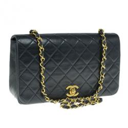 Pre Owned Chanel Black Lambskin Single Flap Shoulder Bag