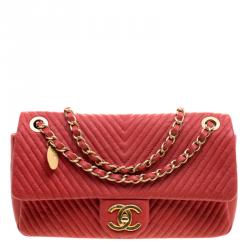 Chanel Red Chevron Leather Medium Flap Bag