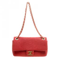 Pre Owned Chanel Red Chevron Leather Medium Flap Bag