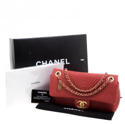 Pre Owned Chanel Red Chevron Leather Medium Flap Bag