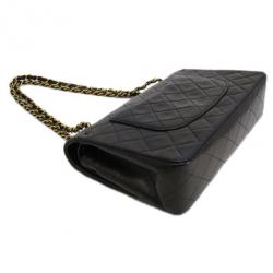 Pre Owned Chanel Black Lambskin Medium Double Flap Shoulder Bag