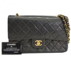 Pre Owned Chanel Black Lambskin Medium Double Flap Shoulder Bag
