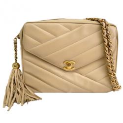 مملوكة مسبقًا Chanel Beige Lambskin Fringe Small Shoulder Bag