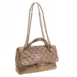 Pre Owned Chanel Beige Quilted Glazed Leather Medium Castle Rock Top Handle Bag