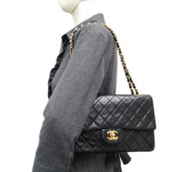 Pre Owned Chanel Black Lambskin Medium Double Flap Shoulder Bag